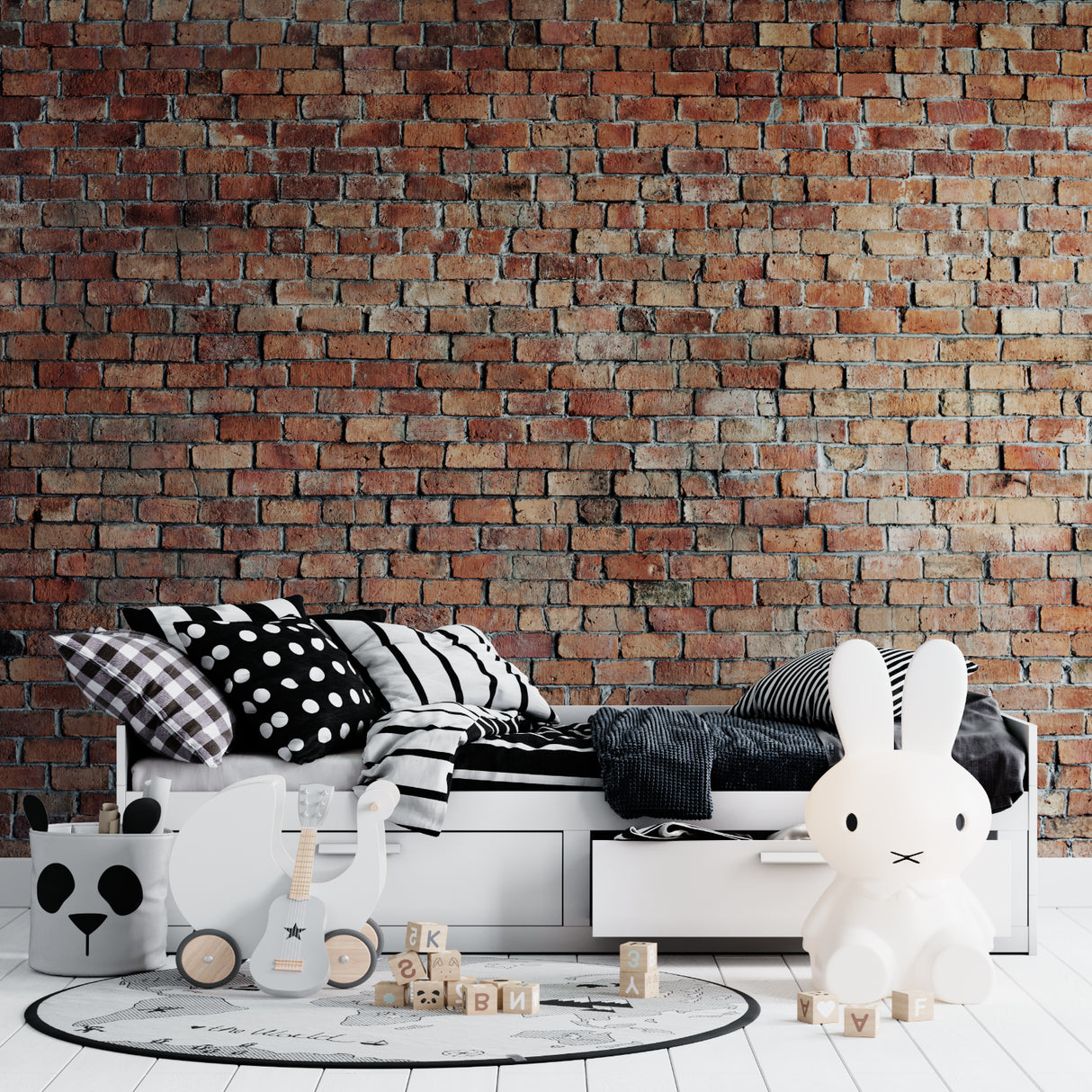 Urban brick pattern wallpaper featured in home office space