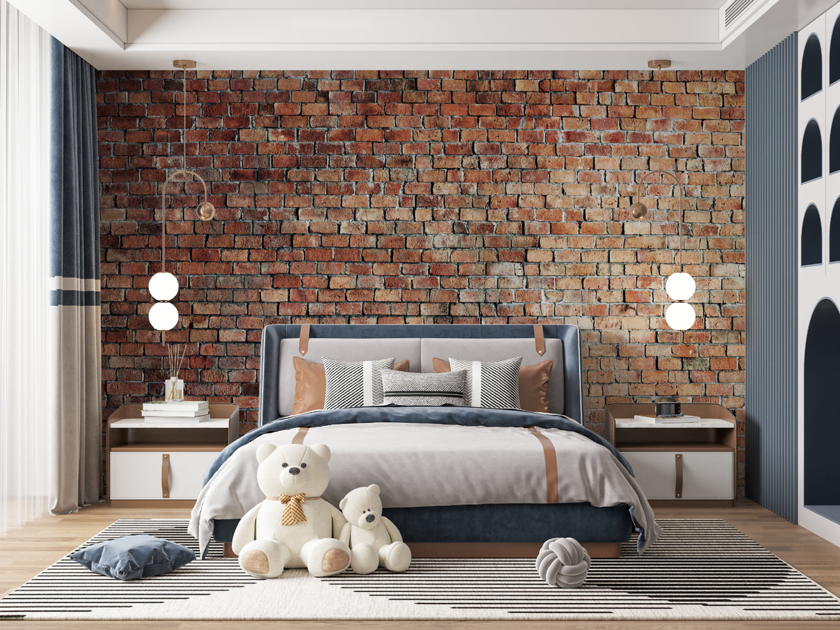 Red brick wall mural adding warmth to dining room setting