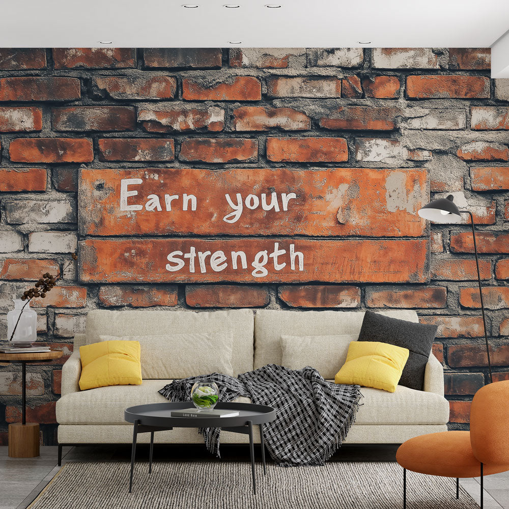 Modern home gym featuring Brick Mural Wallpaper with motivational quote, creating an energetic urban workout space