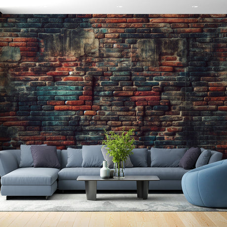 Industrial brick wallpaper in teal and terracotta tones creating a stunning accent wall in a modern living room