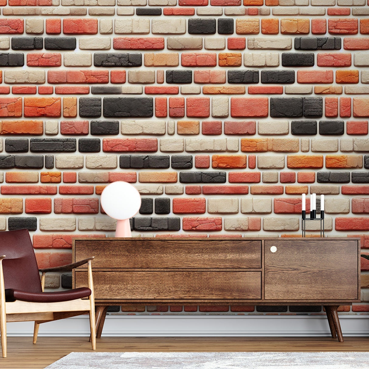 Brick mural wallpaper creating an industrial accent wall in a modern living room with minimal furniture