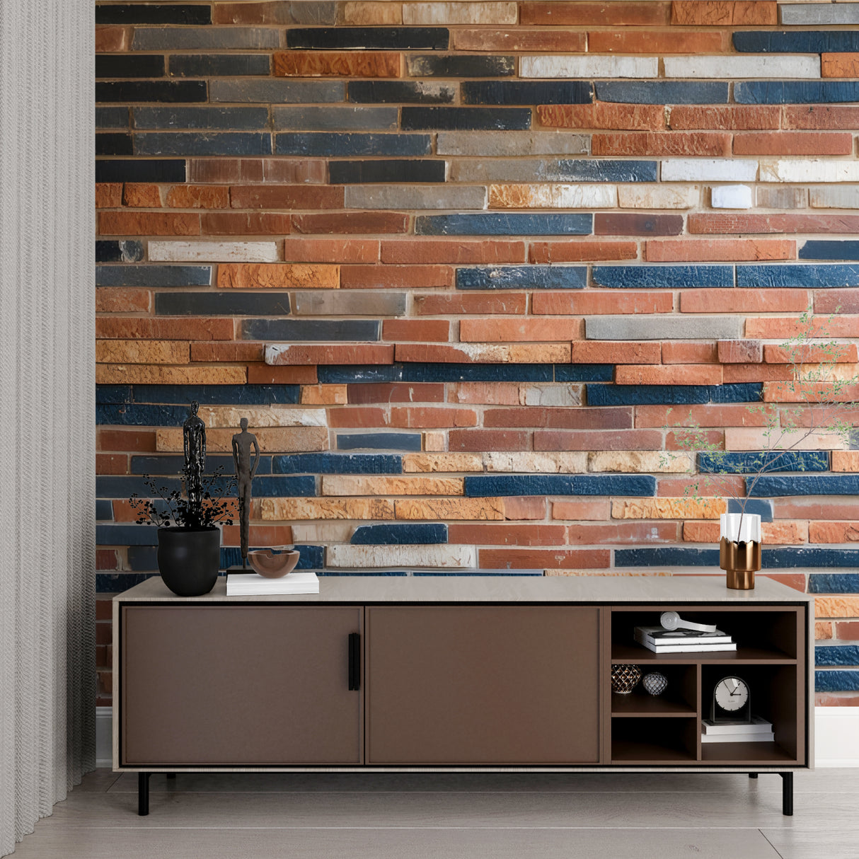 Industrial brick wallpaper in modern living room with navy sofa and terracotta accents