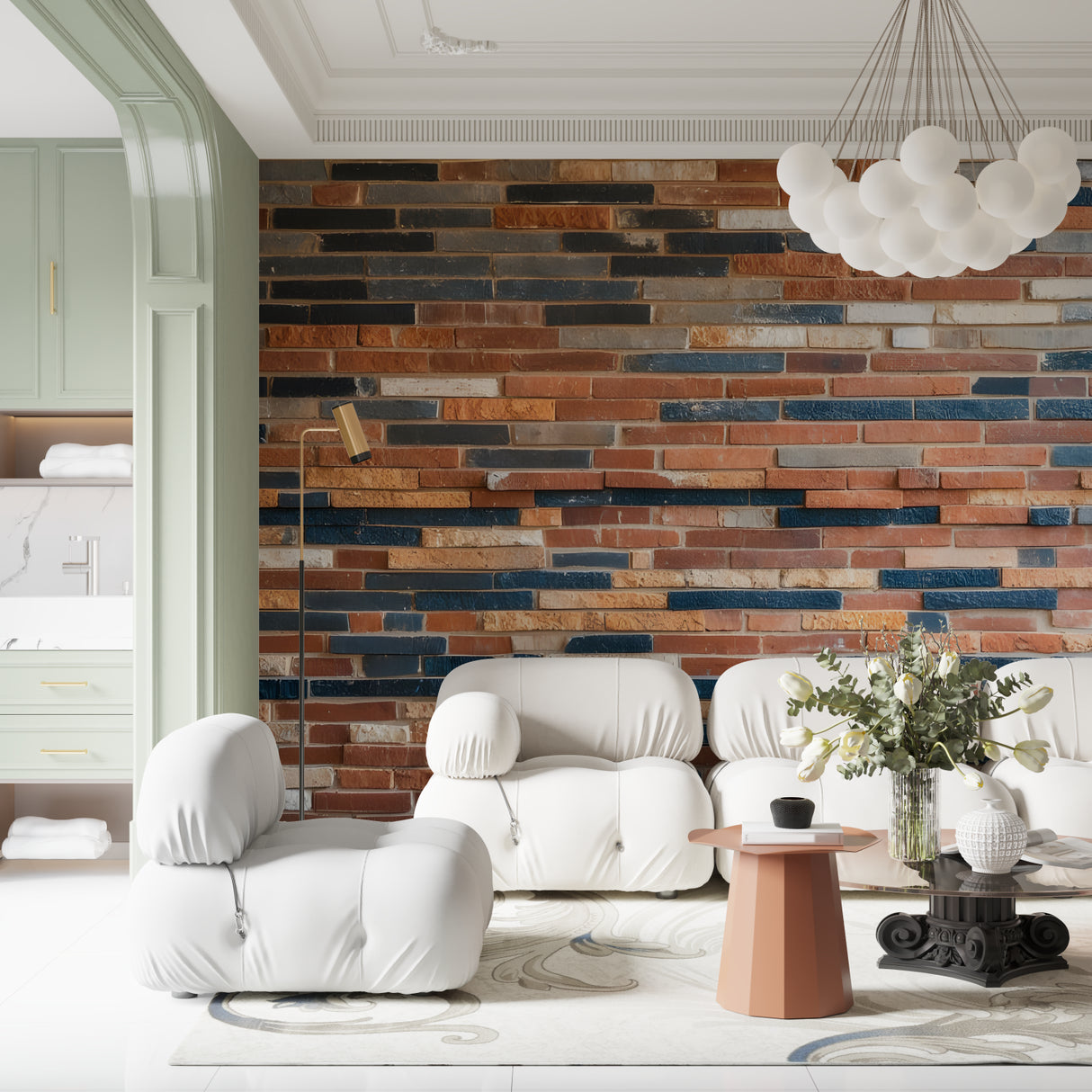 Brick effect mural creating statement wall in contemporary dining space