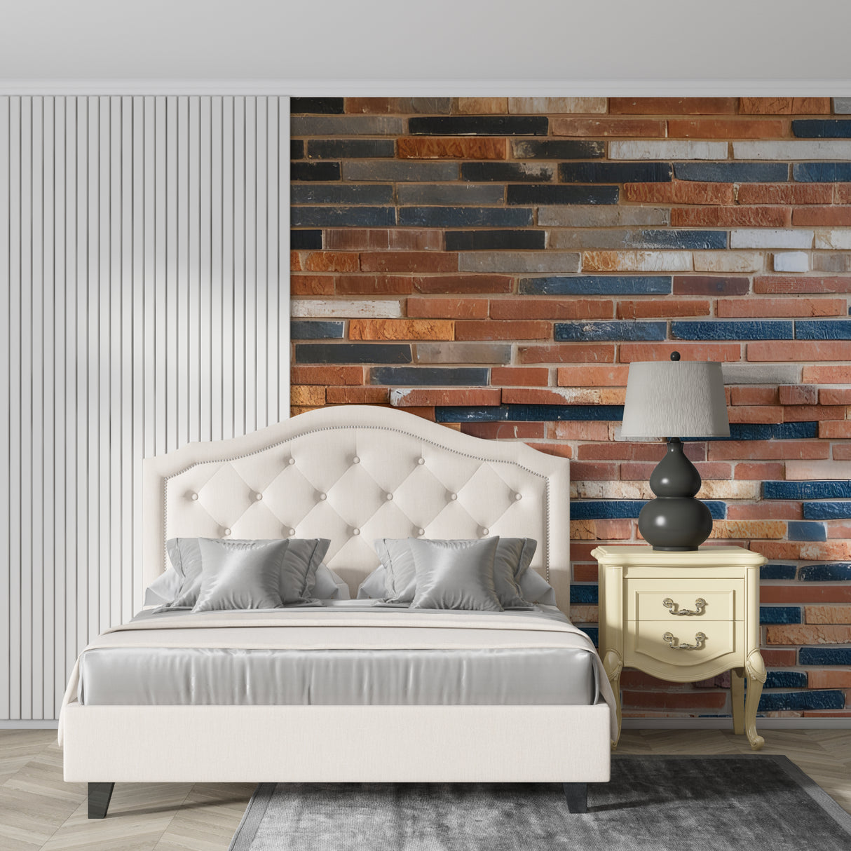 Urban loft bedroom with industrial brick wall mural in warm tones