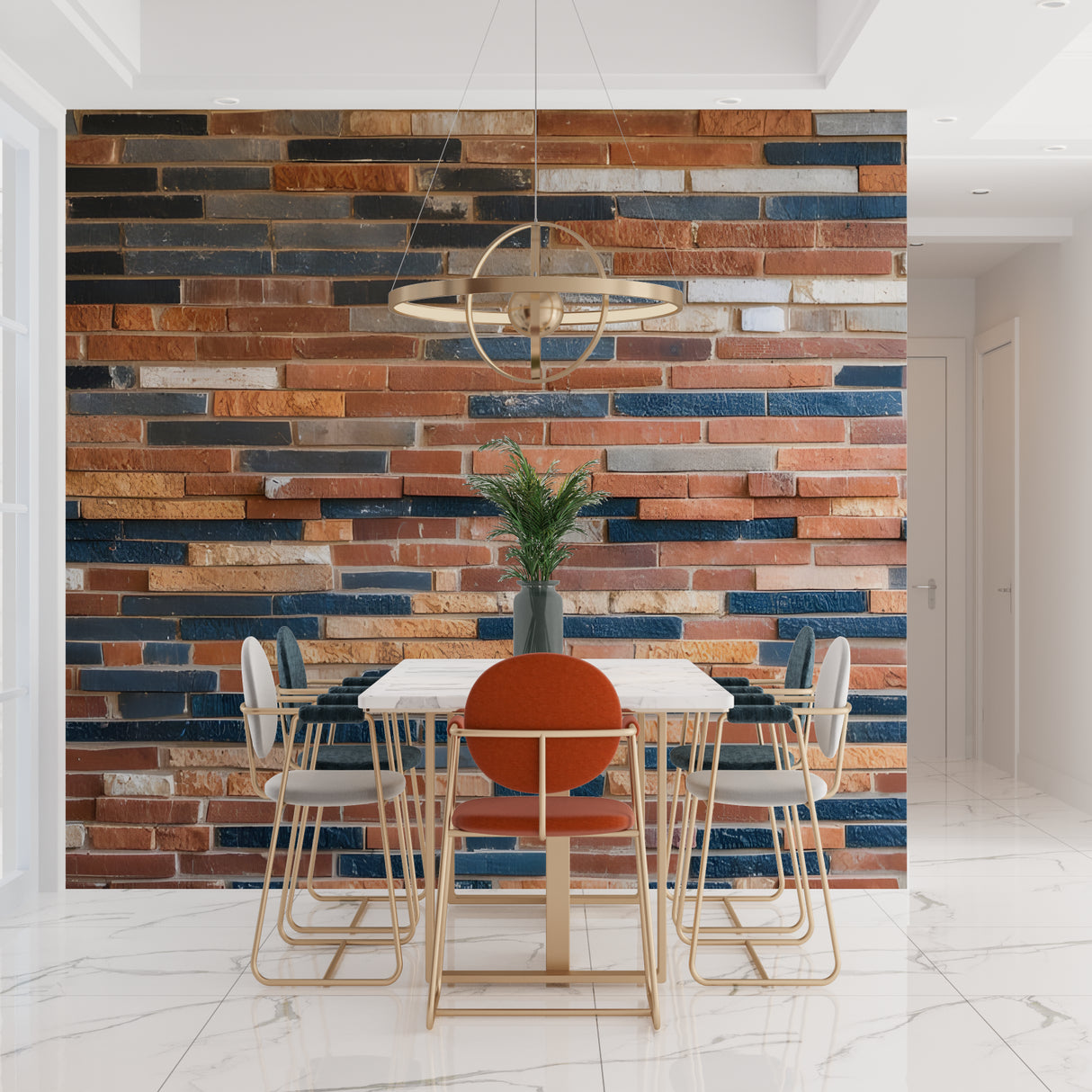 Modern kitchen with industrial brick effect feature wall