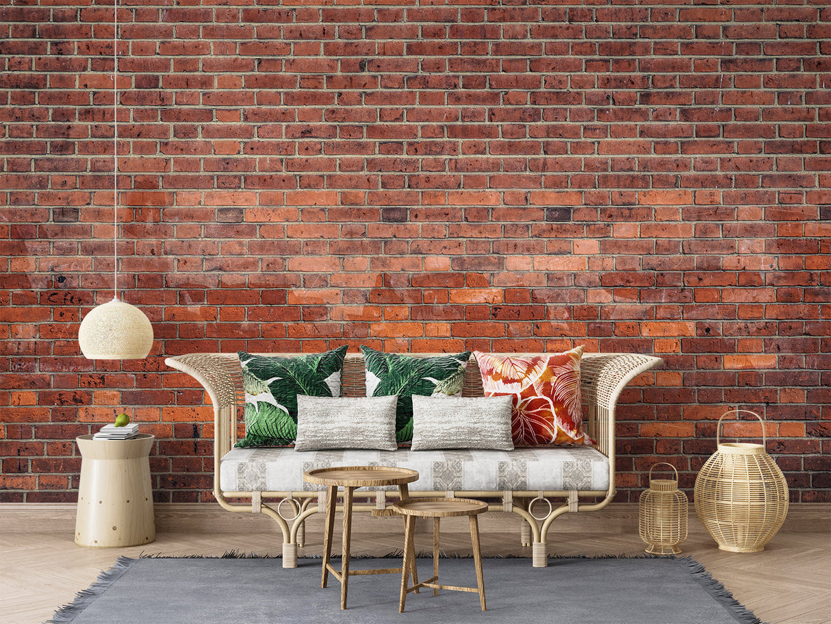 Red brick wall mural installed in an industrial-style kitchen with stainless steel appliances