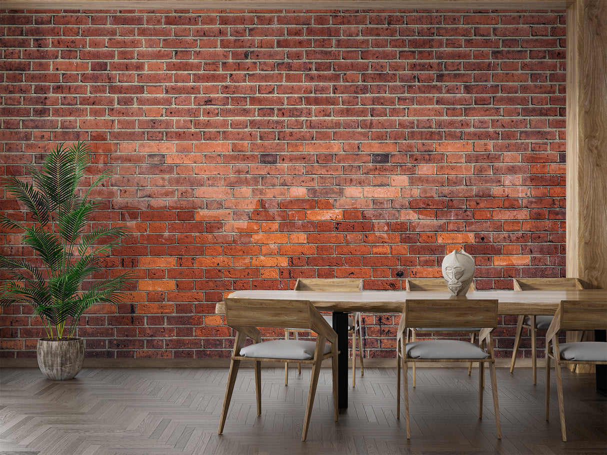 Terracotta brick wallpaper adding warmth to a minimalist dining room setting