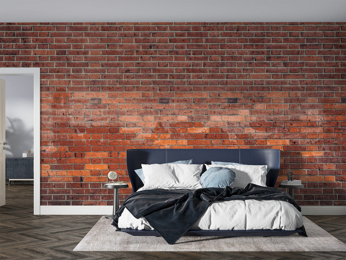 Brick effect wallpaper showcased in a contemporary home office with wooden desk