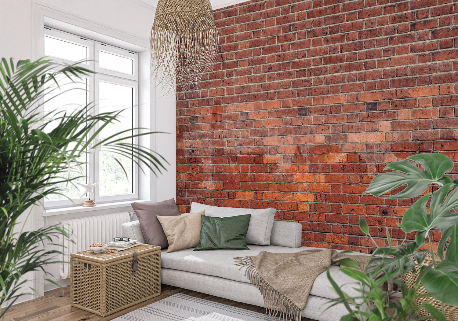 Industrial brick mural creating statement wall in urban loft bedroom