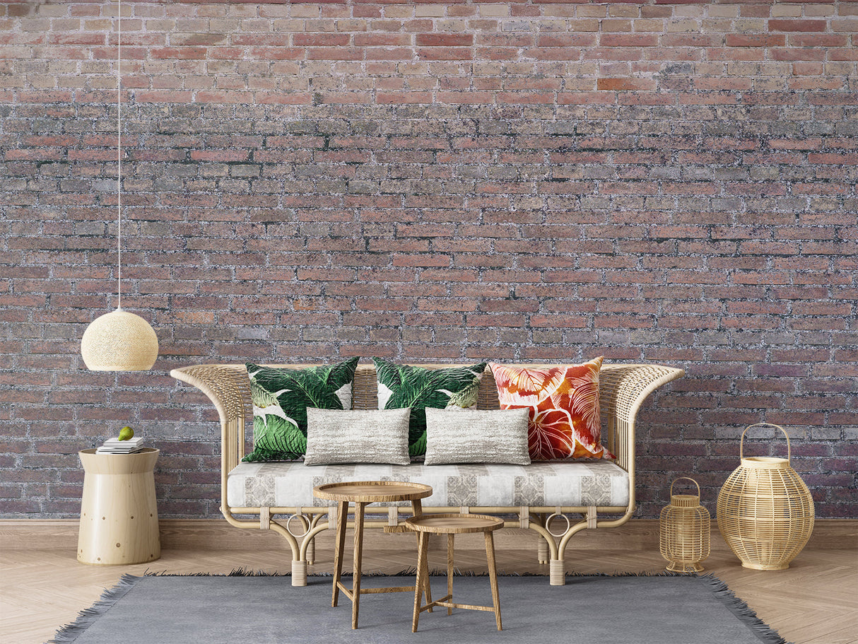 Terracotta brick wallpaper adding warmth to a minimalist dining room space