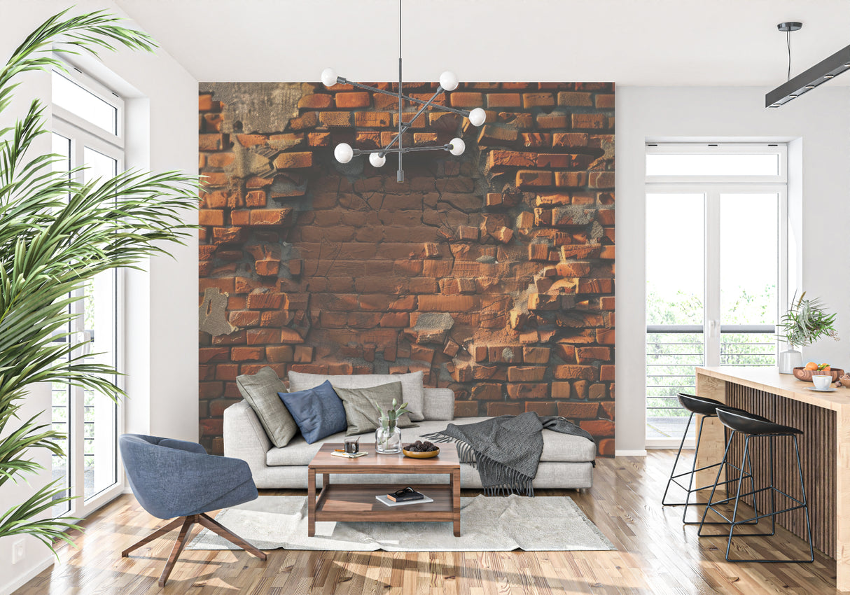 Industrial brick mural wallpaper in kitchen with stainless steel appliances