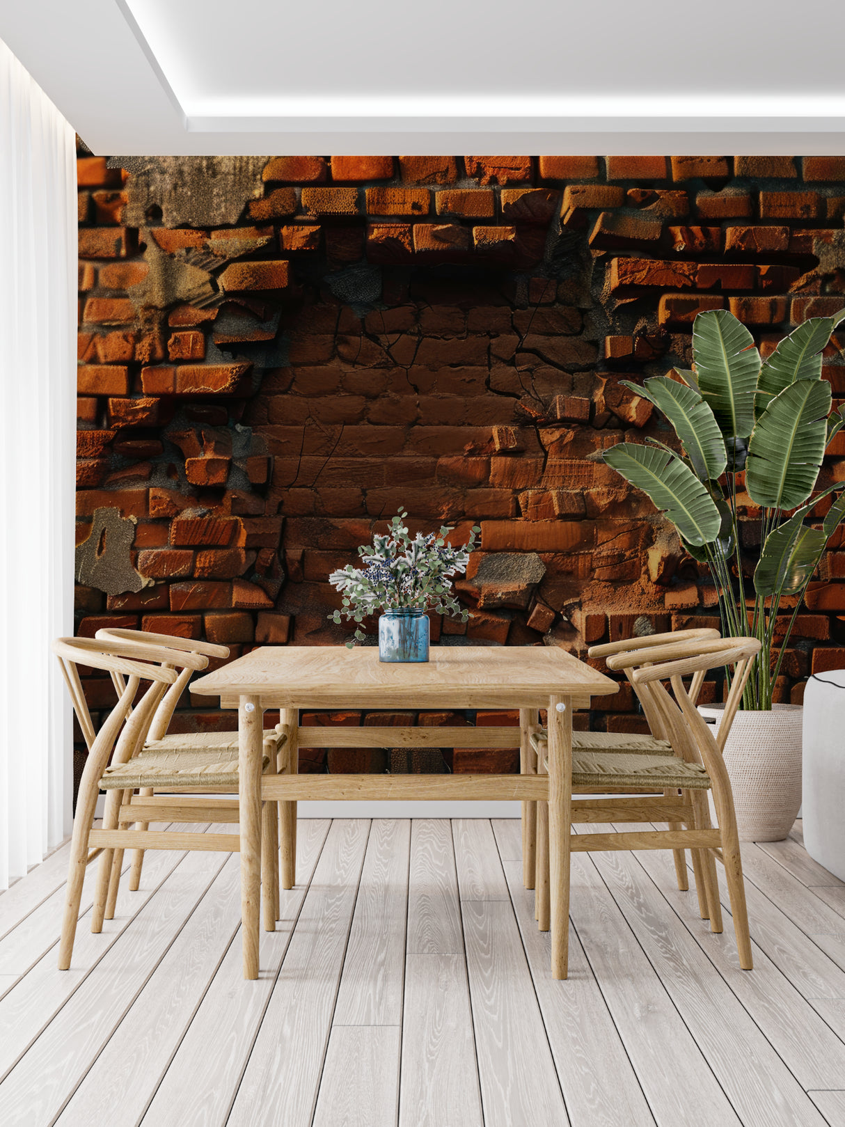 Industrial brick mural creating focal point in bedroom with minimalist decor