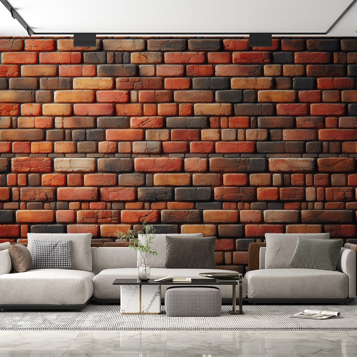 Industrial brick wallpaper creating a stunning accent wall in modern living room with leather furniture and plants