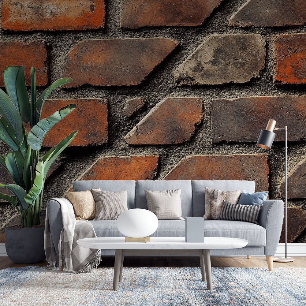 Industrial brick wallpaper creating a stunning accent wall in a modern loft living room with high ceilings