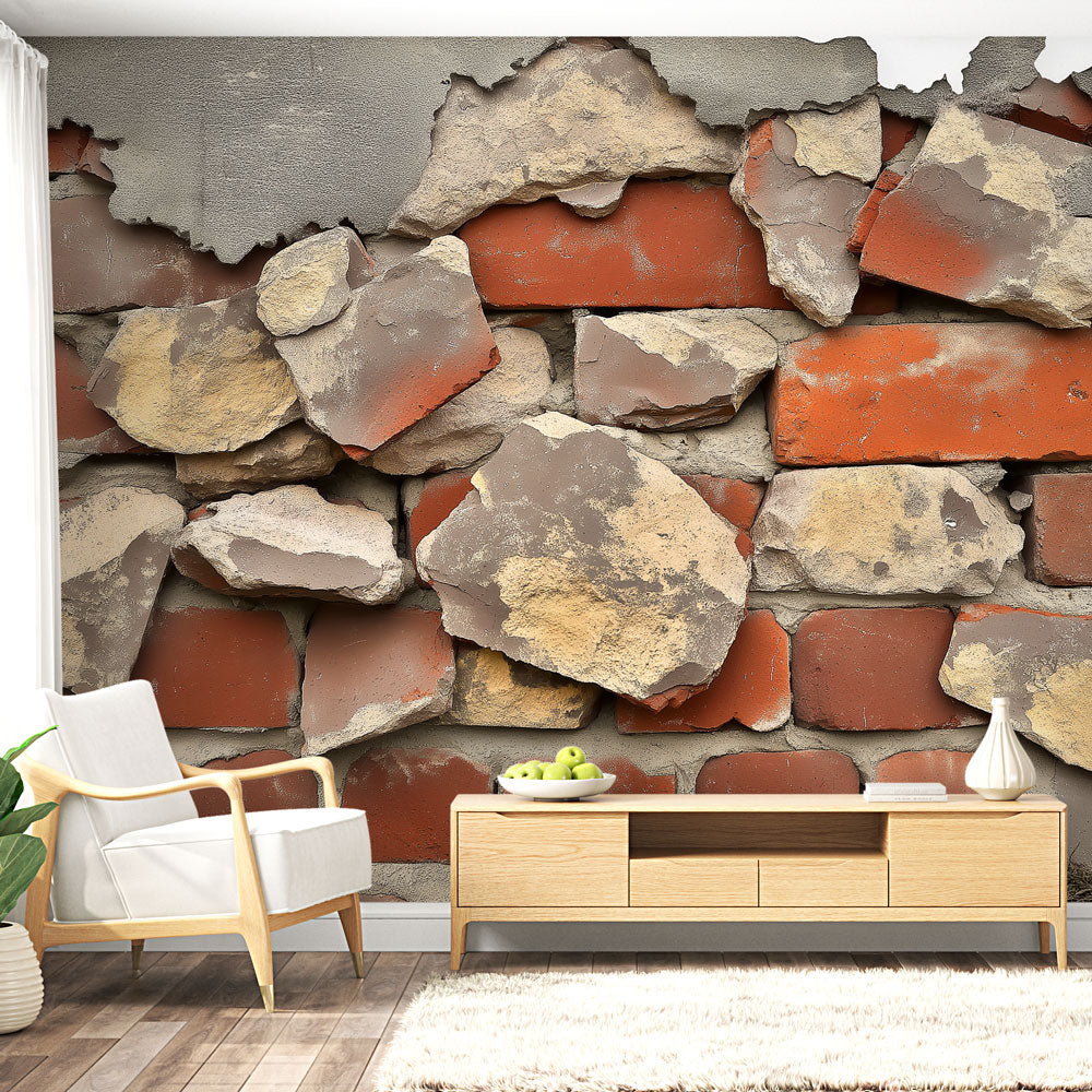 Brick wall mural in modern industrial living room showing terracotta and stone texture creating depth and warmth