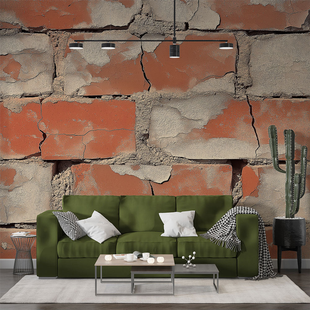 Industrial brick wallpaper with terracotta tones creating a cozy atmosphere in a modern living room setting