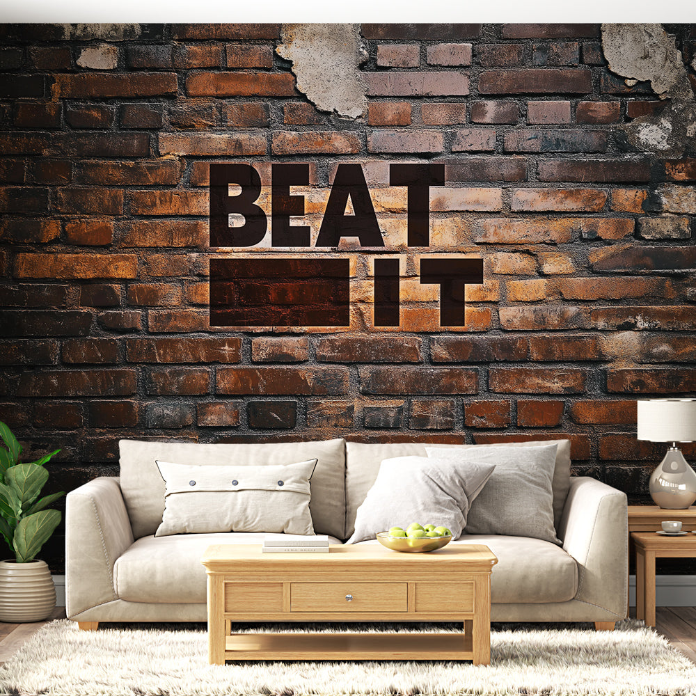 Industrial brick wallpaper with text design shown in modern loft living room, creating an urban statement wall
