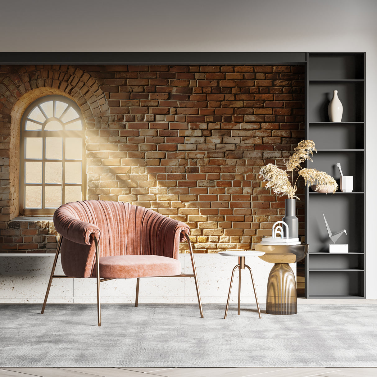 Industrial brick wallpaper with arch in modern living room creating urban loft atmosphere