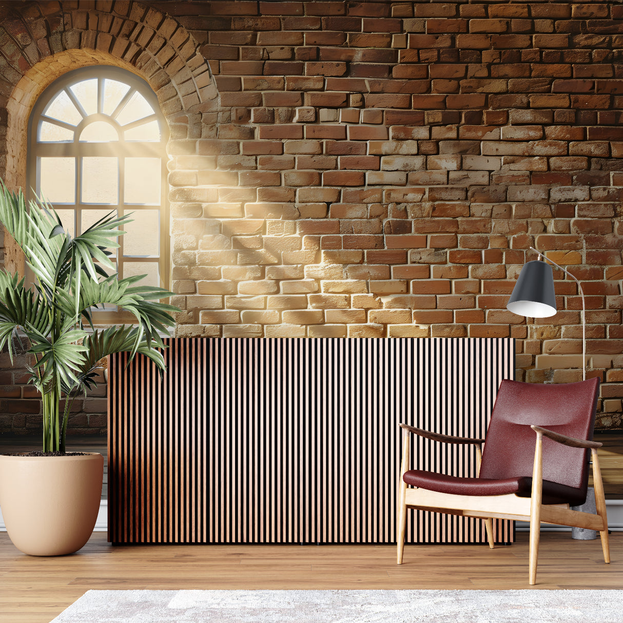 Brick arch wall mural in contemporary dining room with natural lighting