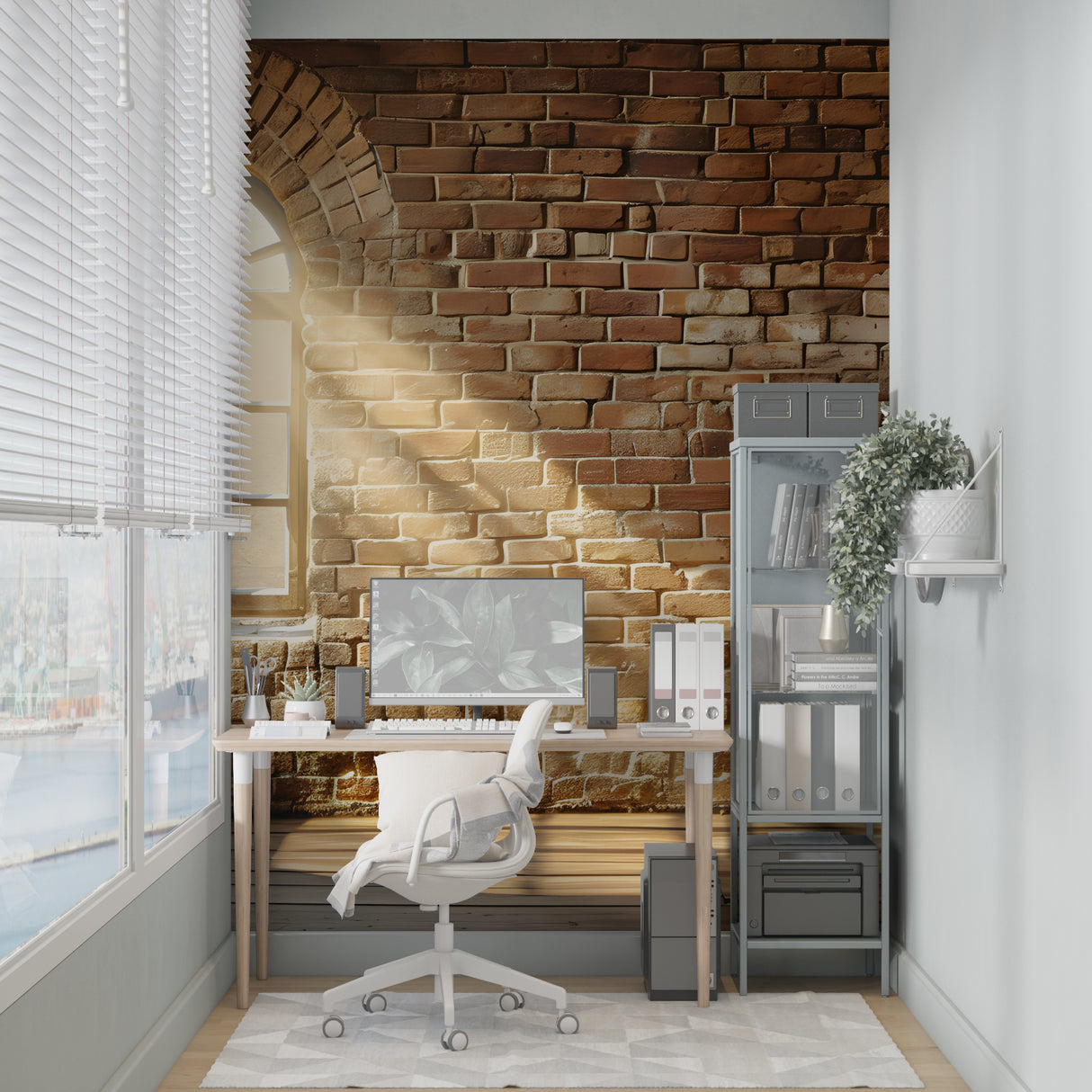 Vintage brick wallpaper featuring arched window in rustic home office
