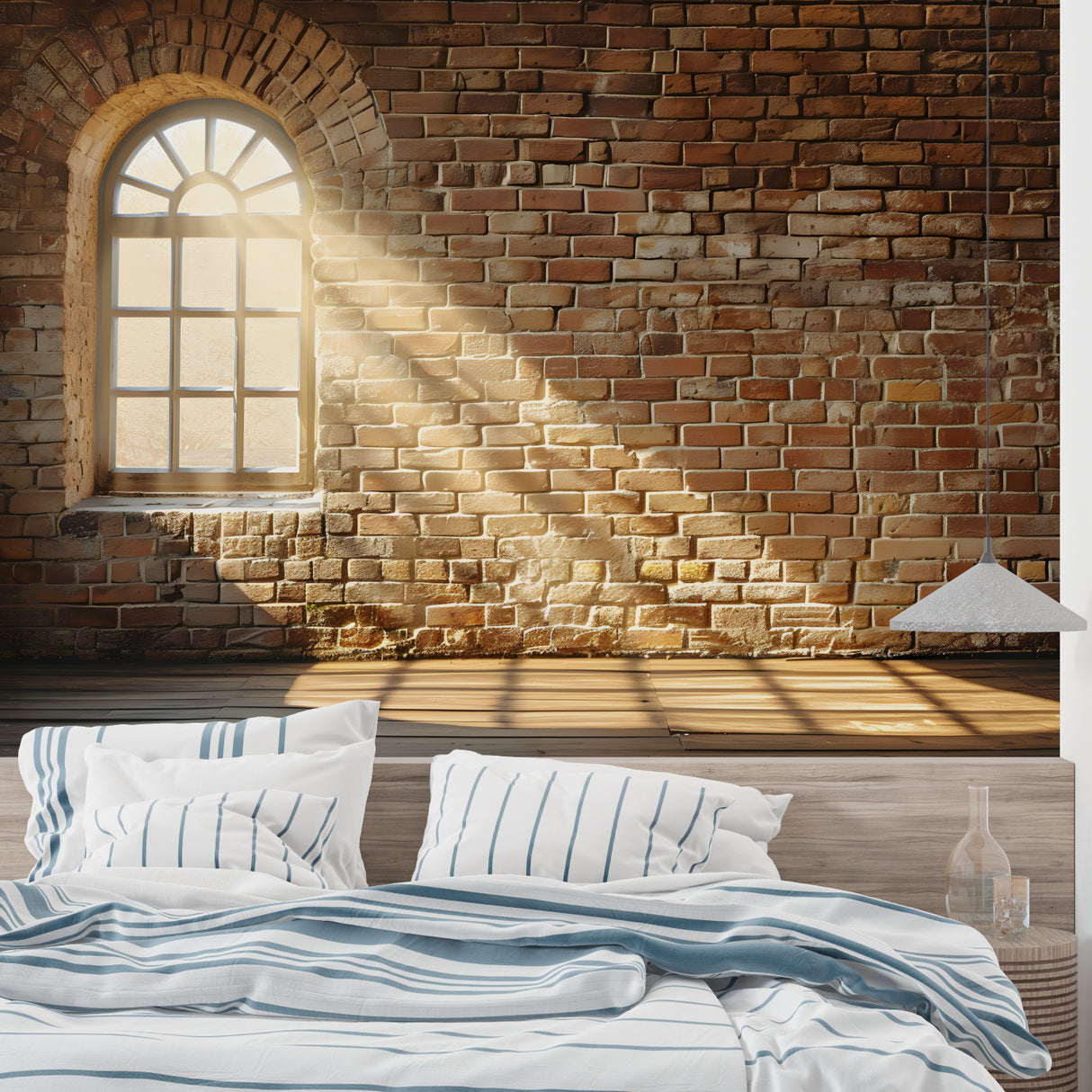 Industrial brick mural with sunlit arch transforming bedroom wall