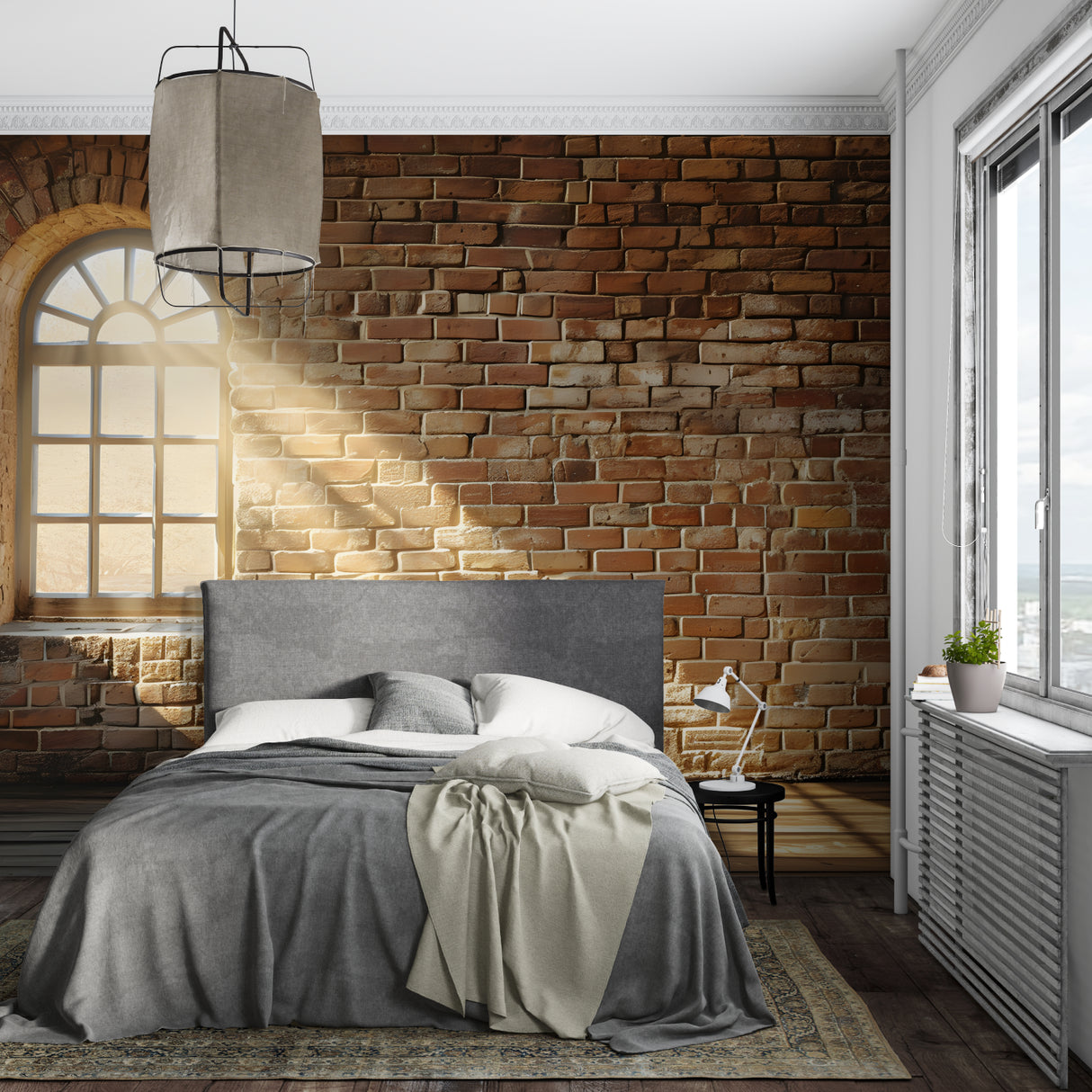 Exposed brick wallpaper with arch detail in modern restaurant setting