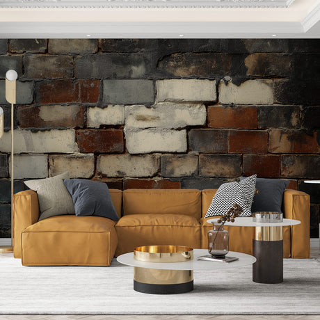 Brick mural wallpaper creating industrial charm in a modern living room with minimalist furniture and natural lighting
