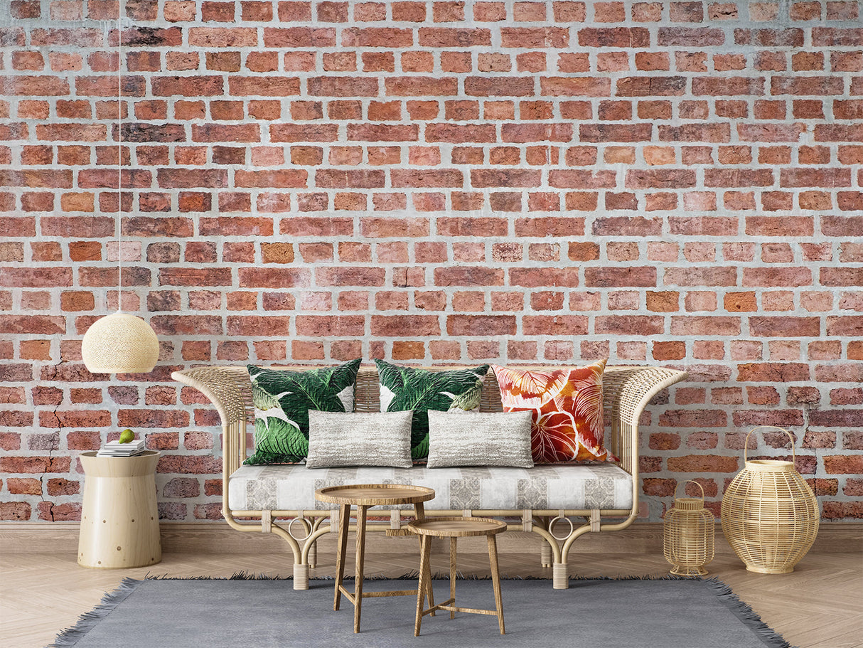 Industrial brick wall mural creating focal point in minimalist dining room