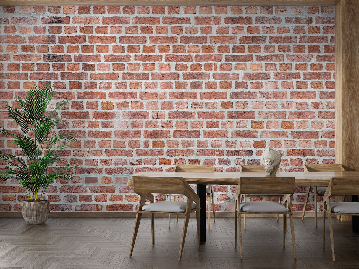 Red brick wallpaper adding urban charm to home office space