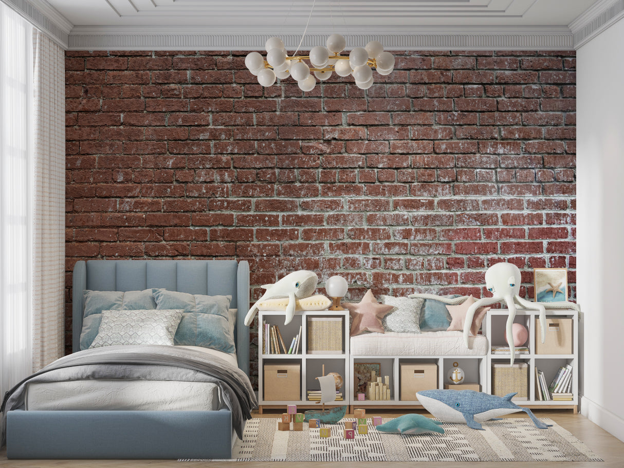 Vintage brick wall mural adding character to dining room space