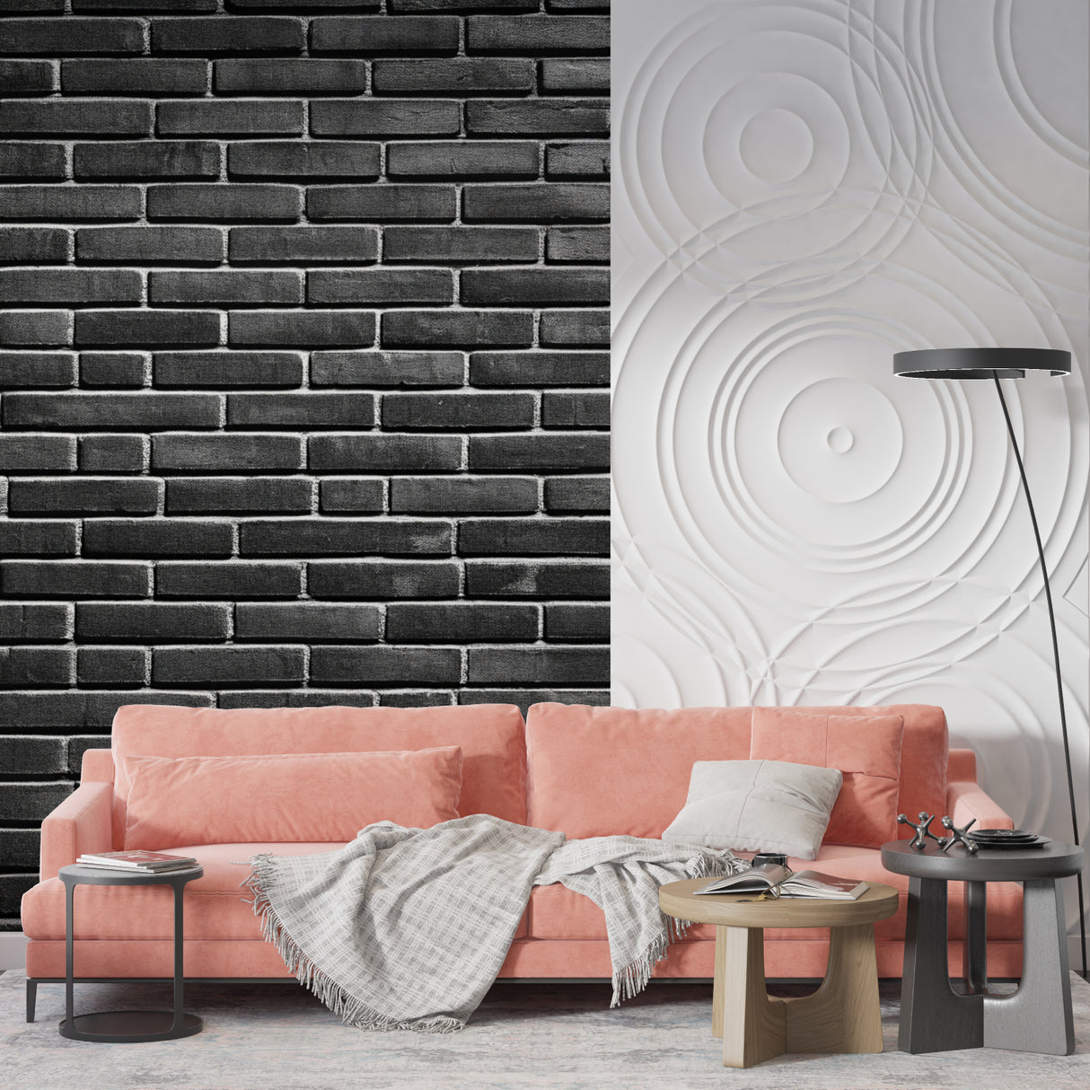 Modern black brick wallpaper in restaurant with exposed ceiling beams