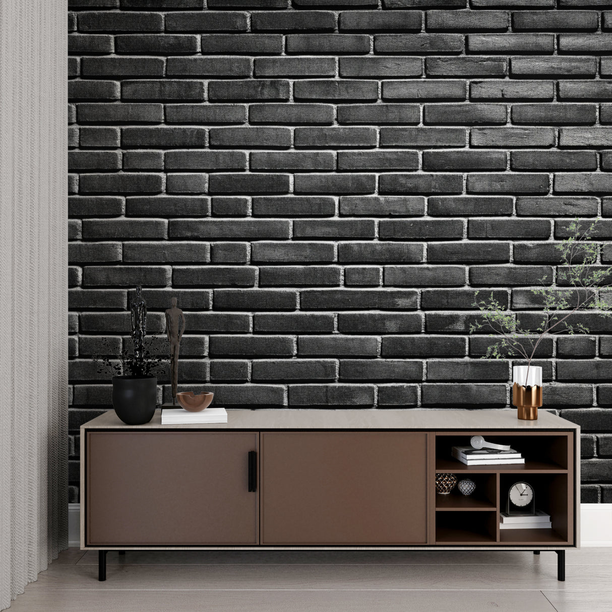 Dark brick wall mural in bedroom with minimalist furniture