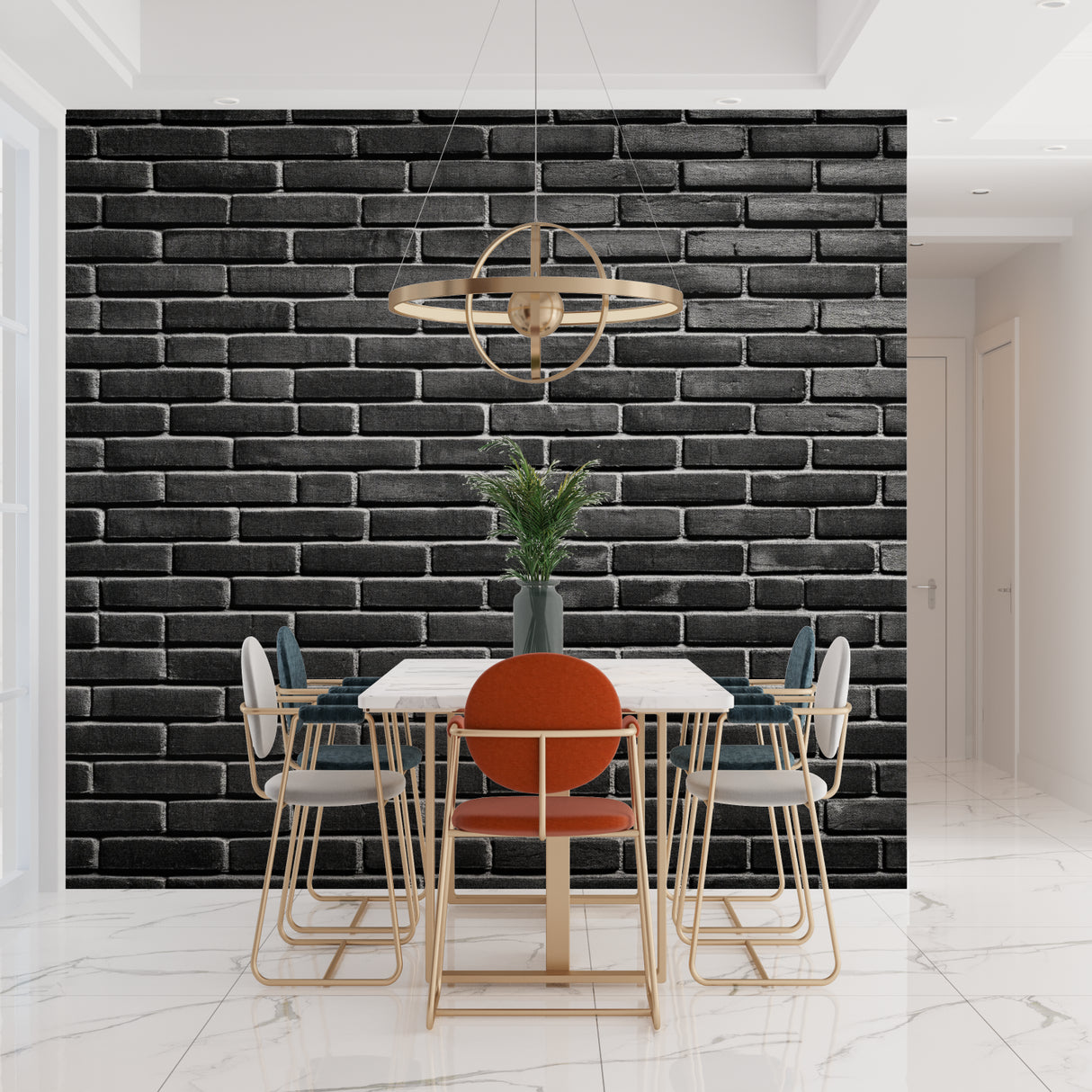 Black brick feature wall in urban loft kitchen space