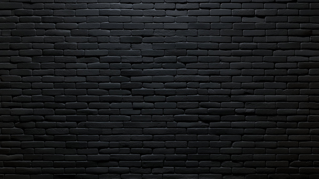 Black brick wallpaper in modern living room with leather sofa and metal lighting fixtures