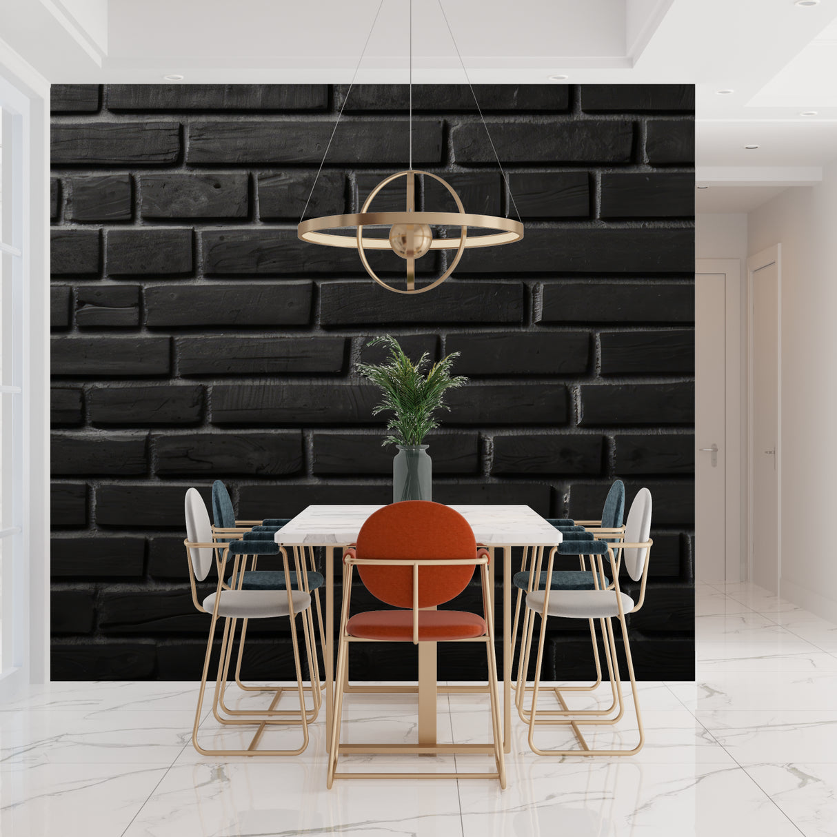 Black brick wallpaper in modern living room with leather sofa and industrial lighting