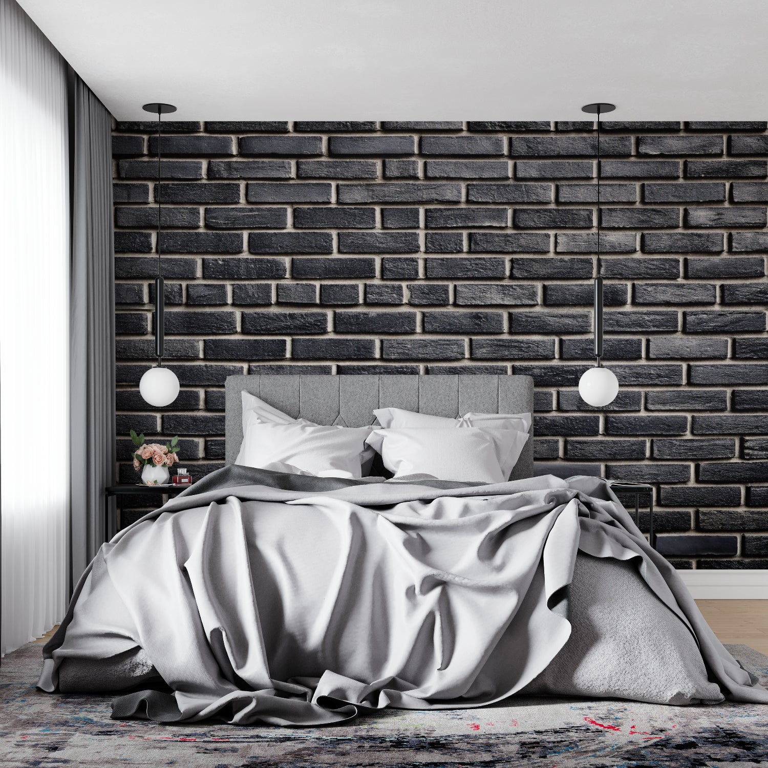 Black brick wall mural installation in modern home office showing depth and texture