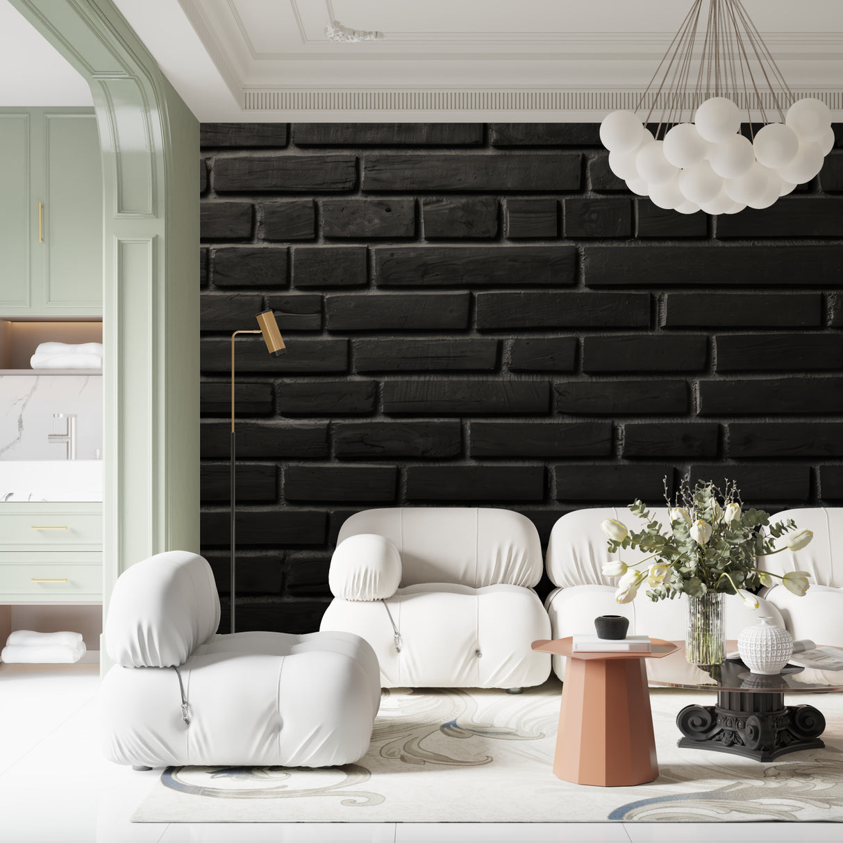 Black brick wall design in home office with metal accents