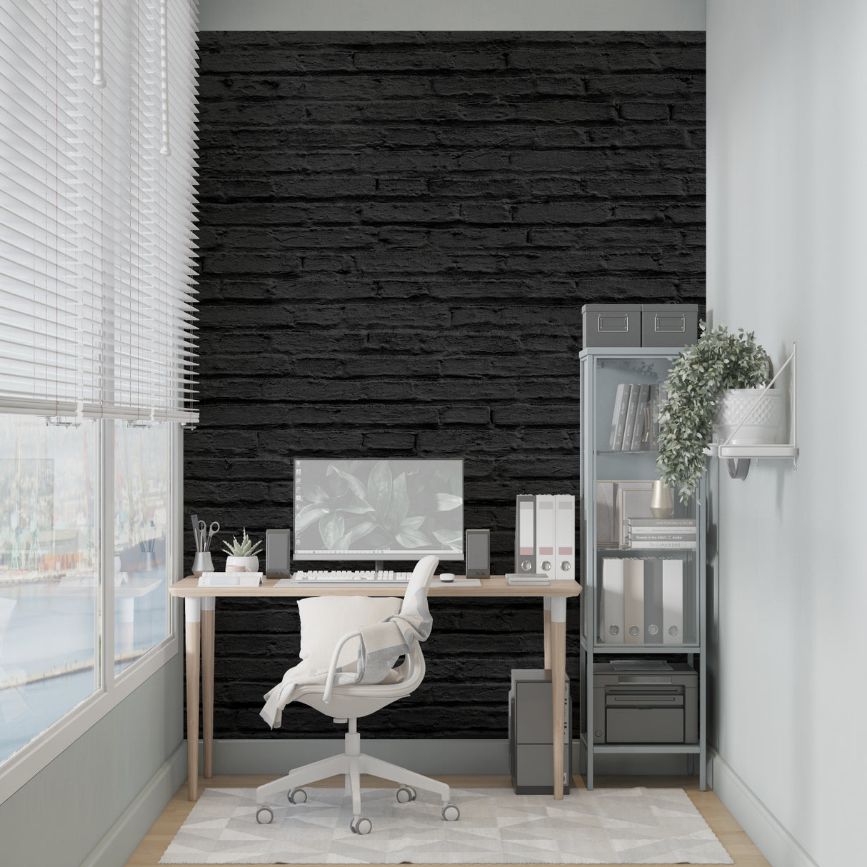 Black brick wall mural in modern minimalist living room showing depth and texture
