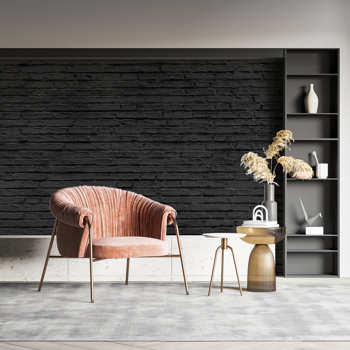 Modern black brick mural in dining room with contemporary furniture