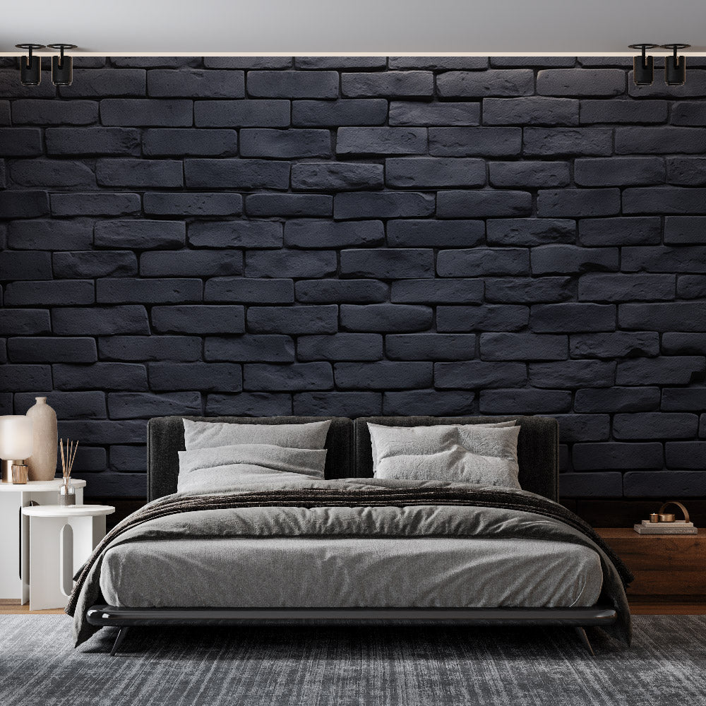 Modern black brick wallpaper in contemporary living room with gray sofa and industrial lighting
