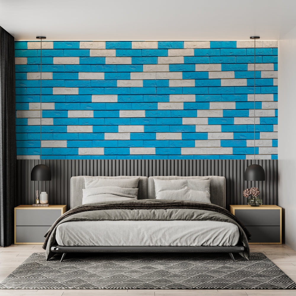 Modern blue brick pattern wallpaper in a minimalist living room with white furniture and natural light