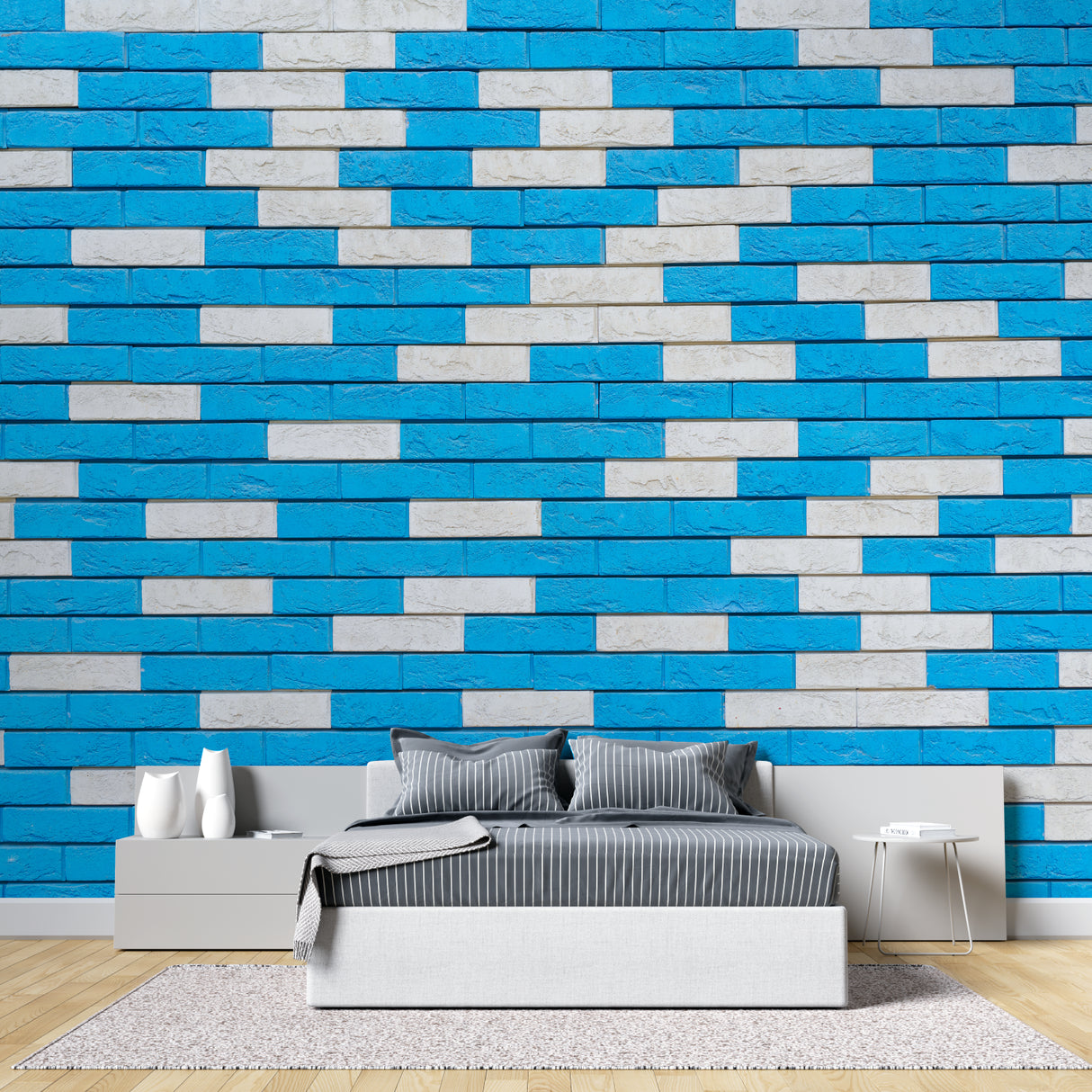 Blue and white geometric brick wallpaper creating depth in a contemporary home office setup