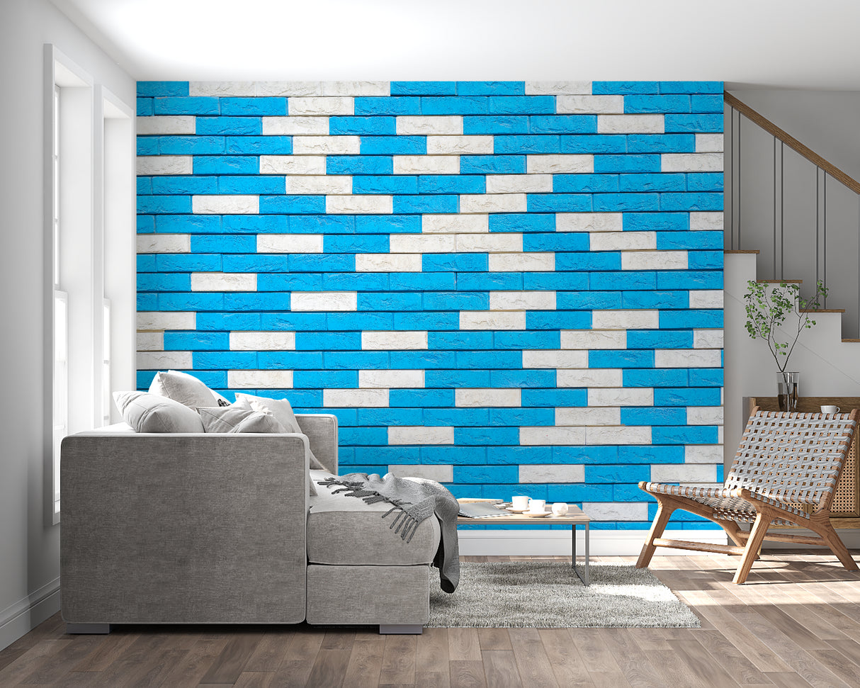 Geometric blue brick wallpaper making a statement in a modern bedroom setting