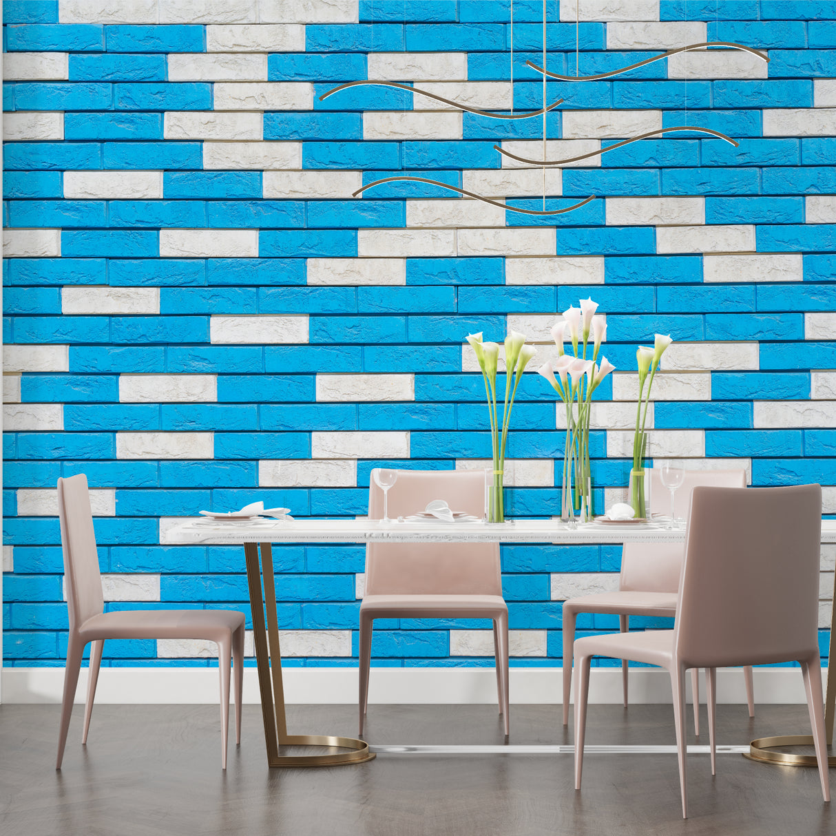 Blue brick wall mural transforming a hallway with clean geometric lines