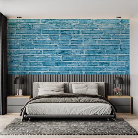 Modern blue brick wallpaper in a minimalist living room creating an urban industrial atmosphere