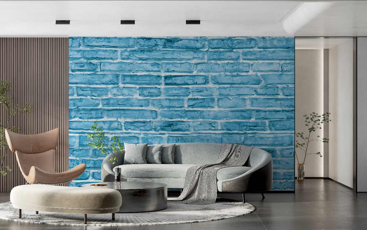 Blue brick wall mural in a modern office space showing depth and texture