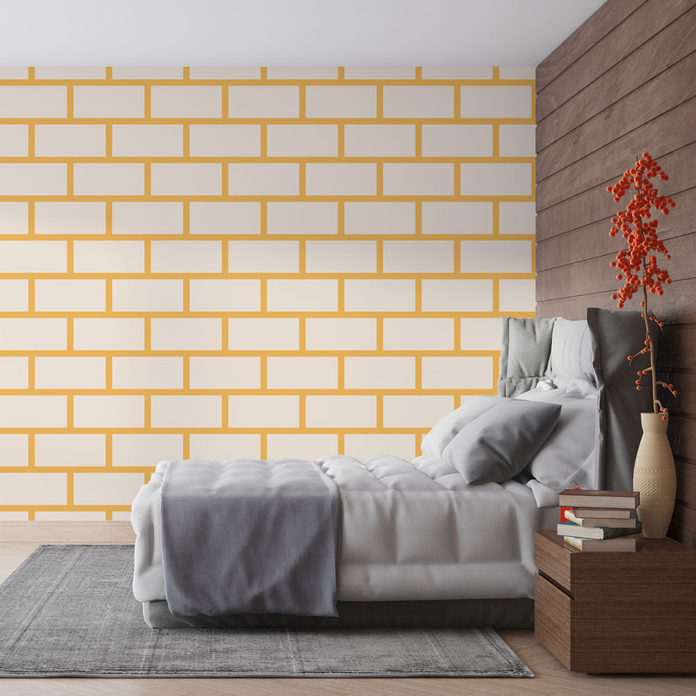 Modern gold brick pattern wallpaper in a bright contemporary living room, showing clean lines and geometric design