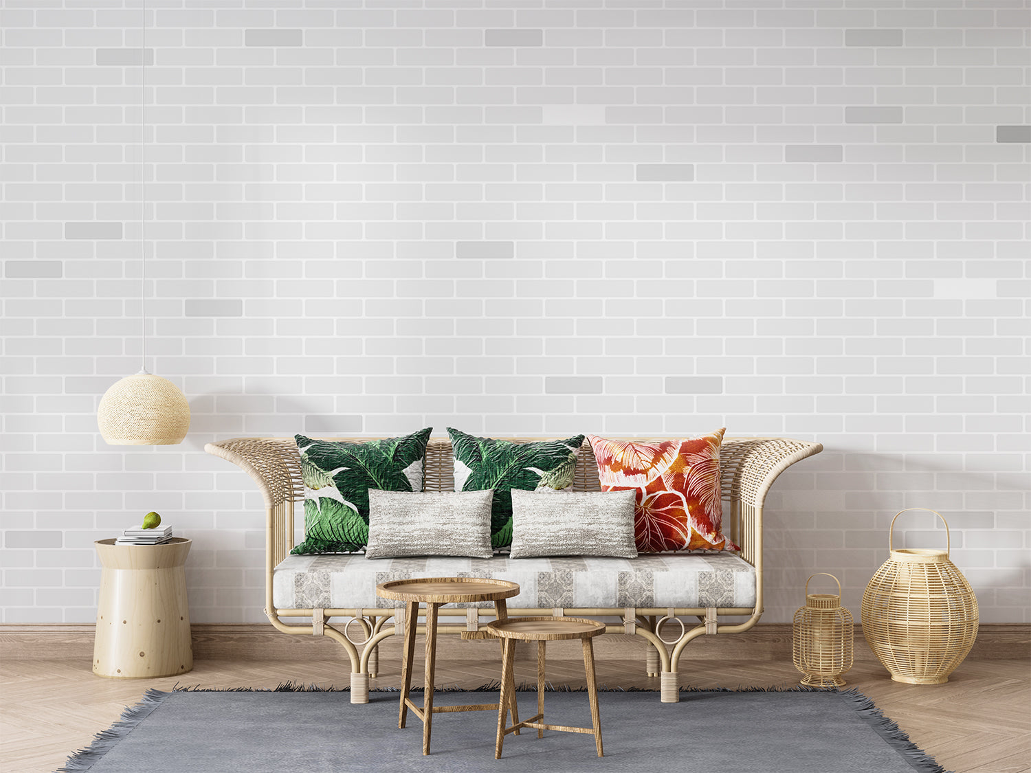 Modern grey brick wallpaper in a bright living room with contemporary furniture
