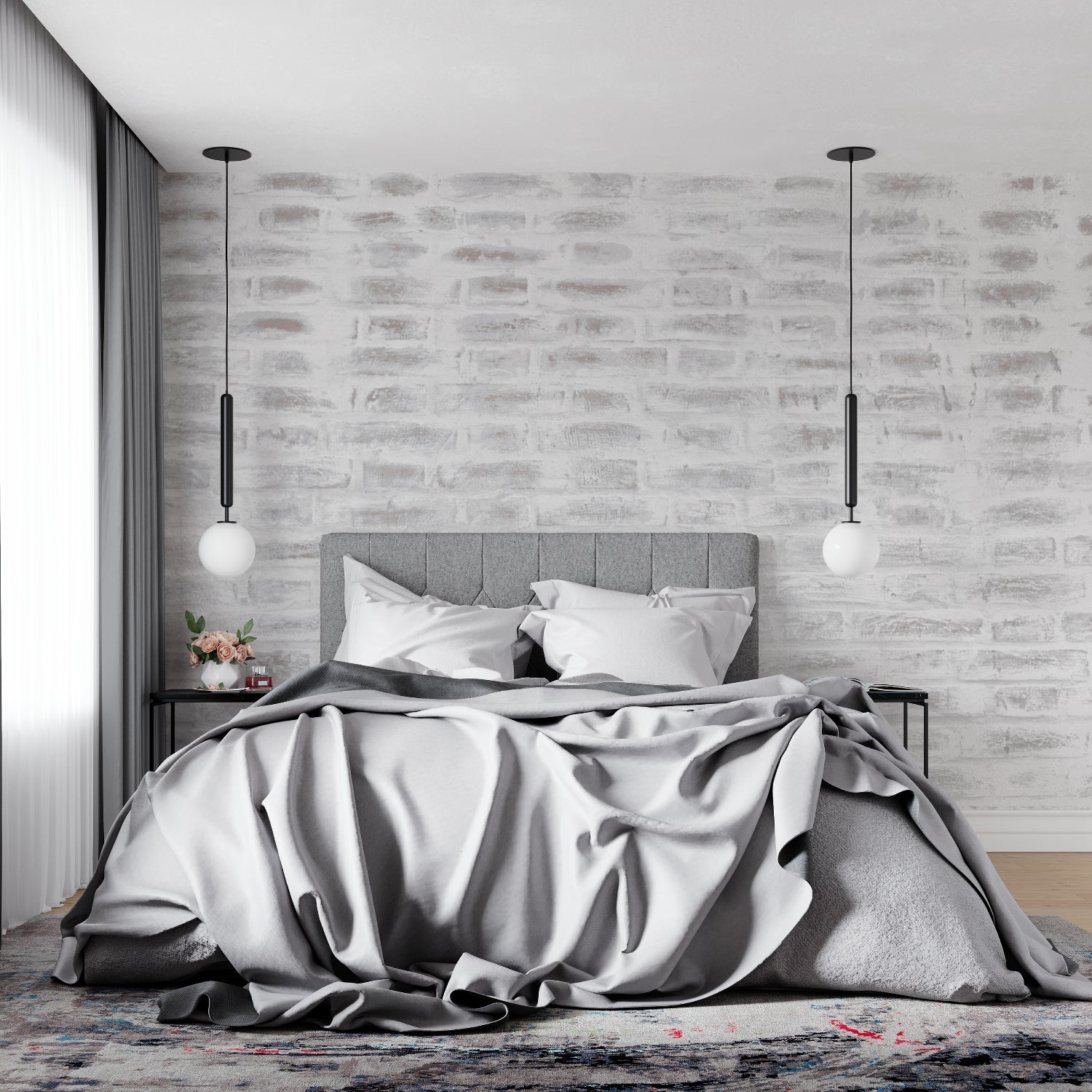 Grey brick wall mural creating depth in a modern home office space