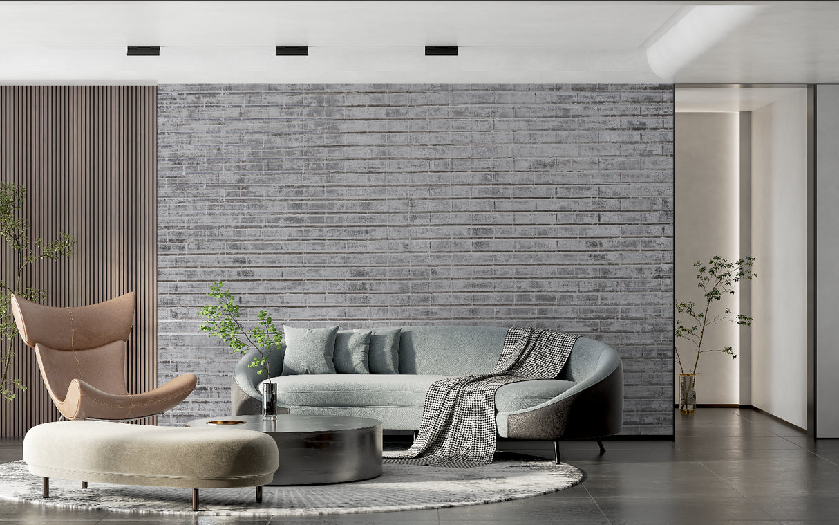Modern grey brick wallpaper in contemporary living room showing industrial style and texture